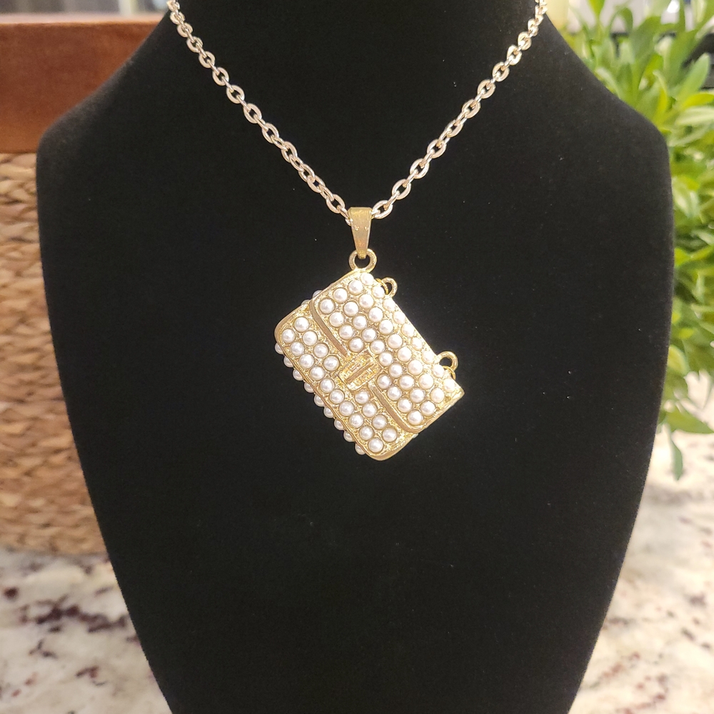 Gold and Pearl Encrusted Purse Pendant Necklace